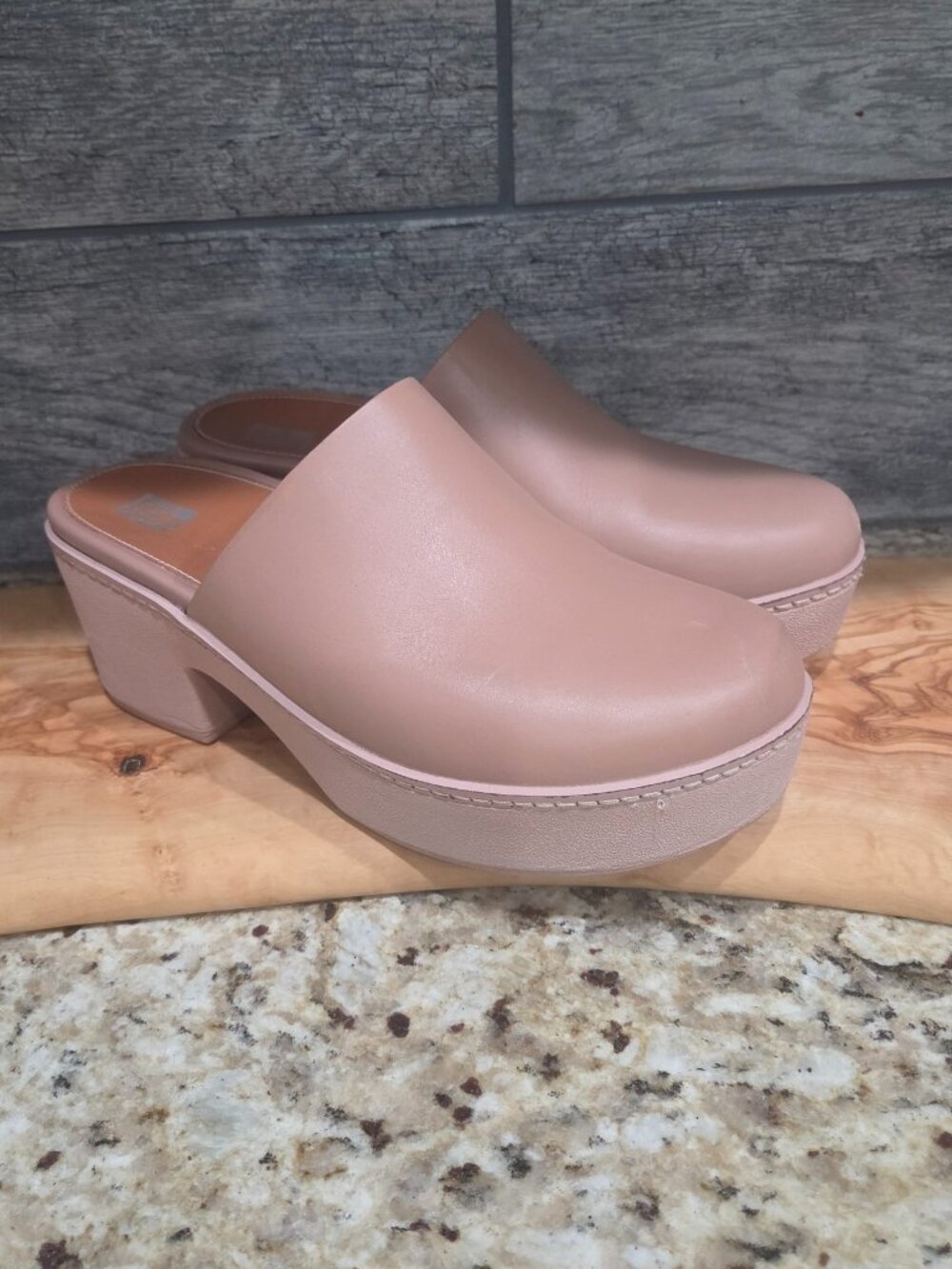 FitFlop Pilar Leather Platform Mule Clogs Beige Women’s 8 CushX